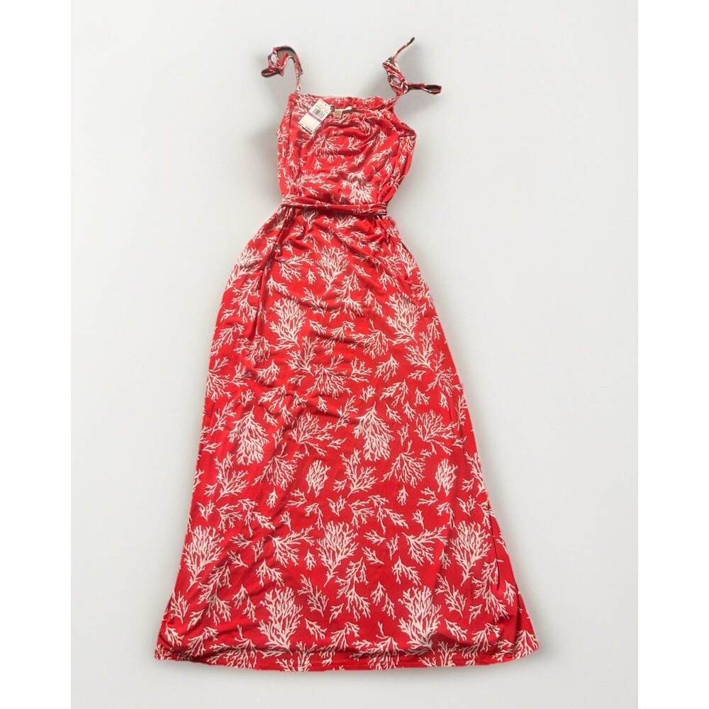 Michael Kors Red & White Coral Maxi Wrap Dress Tie Waist Hawaiian Long Vacation